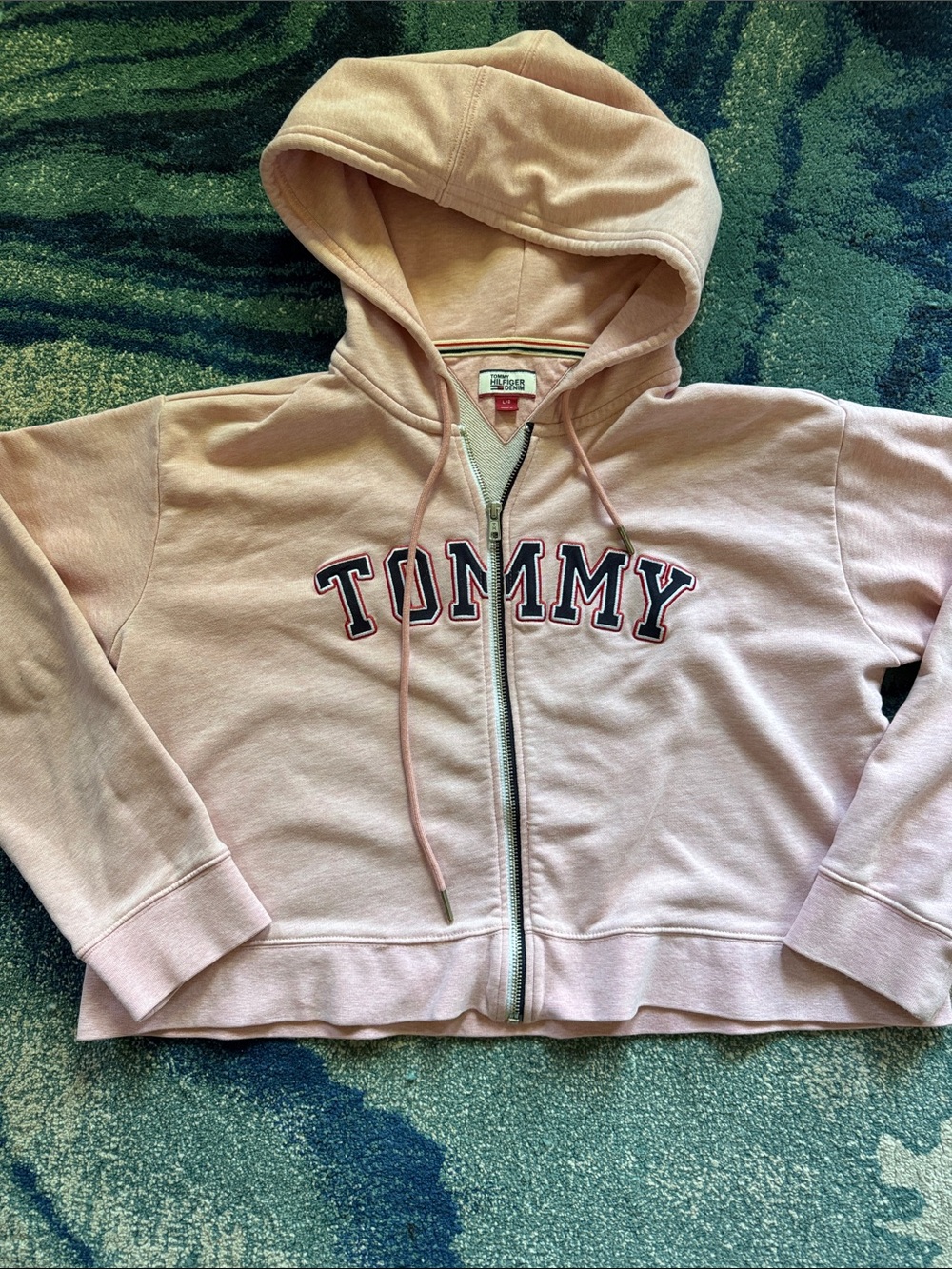 Tommy Hilfiger Cropped, Pale Pink Full-Zip Logo Hoodie Women’s Large
